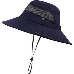 Unisex Dark Blue Polyester Wide Brim Mesh Vent Chin Strap Classic Cowboy Hat